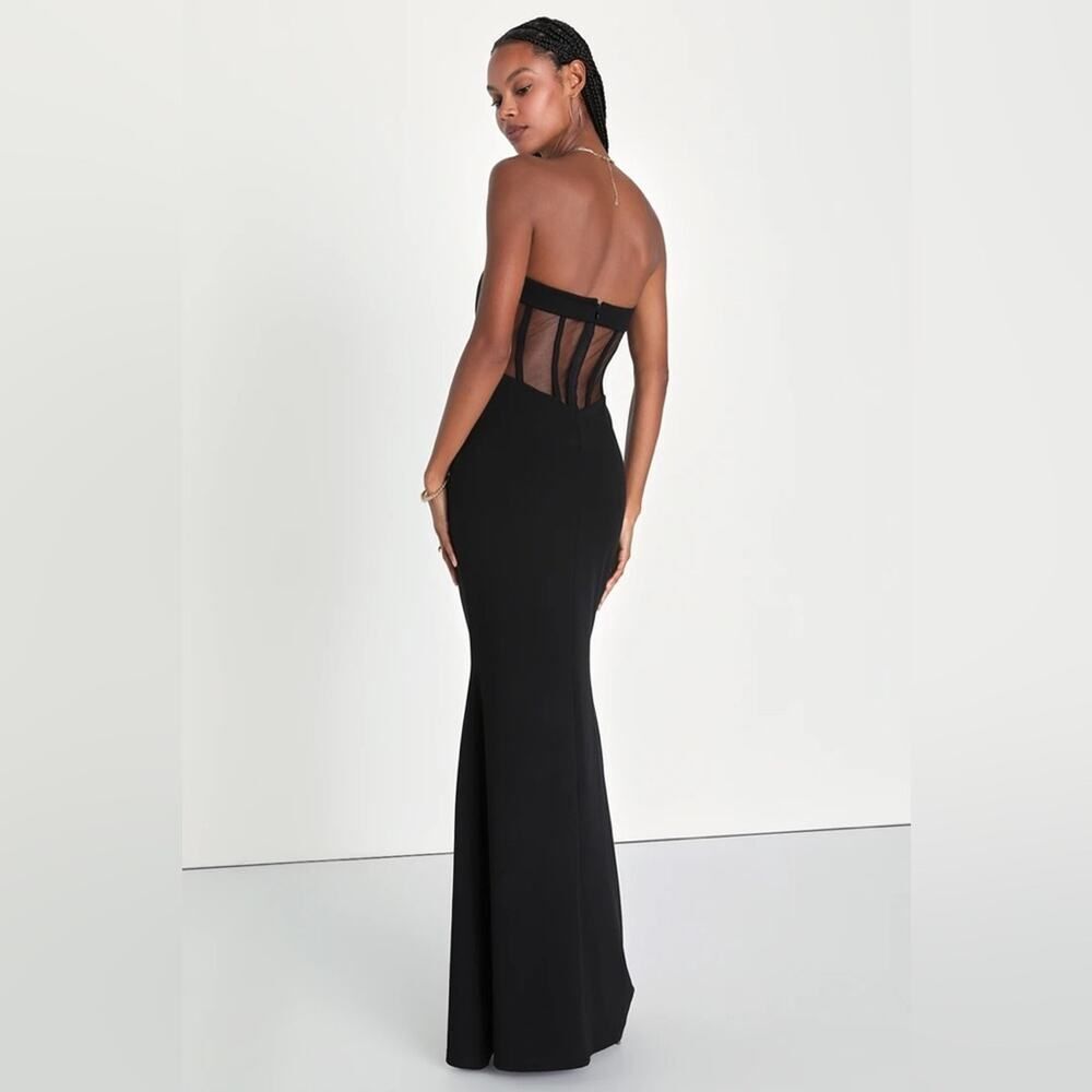Lulus Iconic Arrival Black Strapless Bustier Mermaid Maxi Dress
